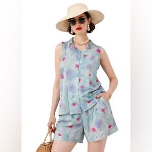 Vintage Maggie Sweet Blue Floral 2-Piece Set Made in USA Size L